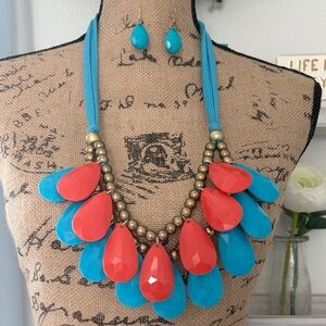 Coral & Turquoise Acrylic Teardrop  Necklace on Stretch Fabric tie and Earring
